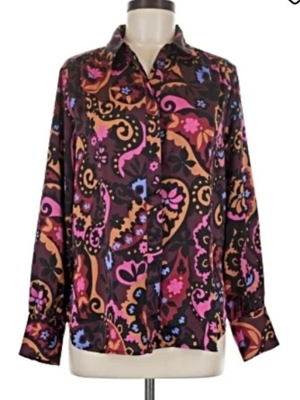 ❤️ ANN TAYLOR SATIN PAISLEY BUTTON DOWN TOP / BLOUSE, MEDIUM - Picture 2 of 11